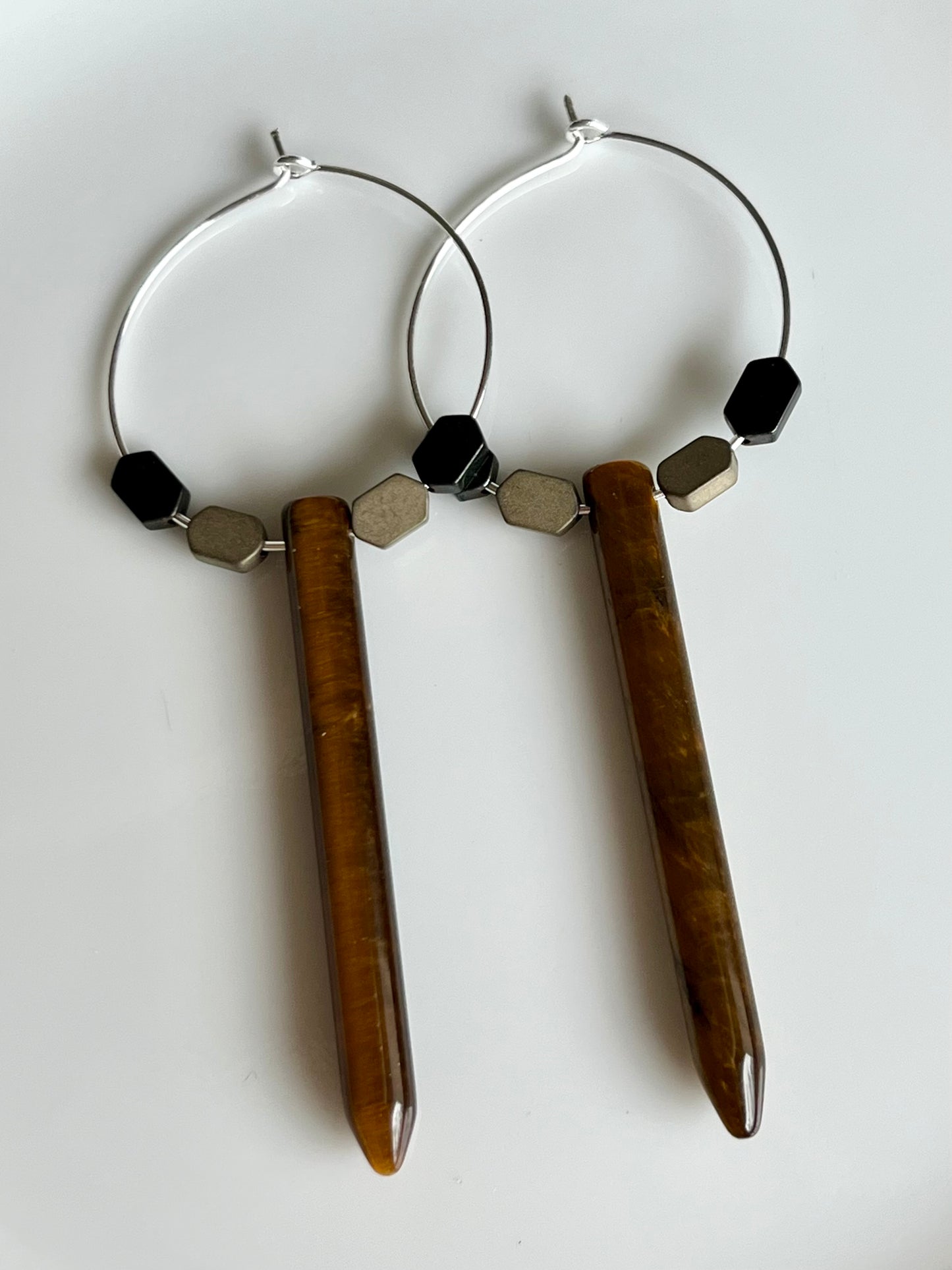 TIGERS EYE POINT + HEMATITE | GEMSTONE CRYSTAL Earrings