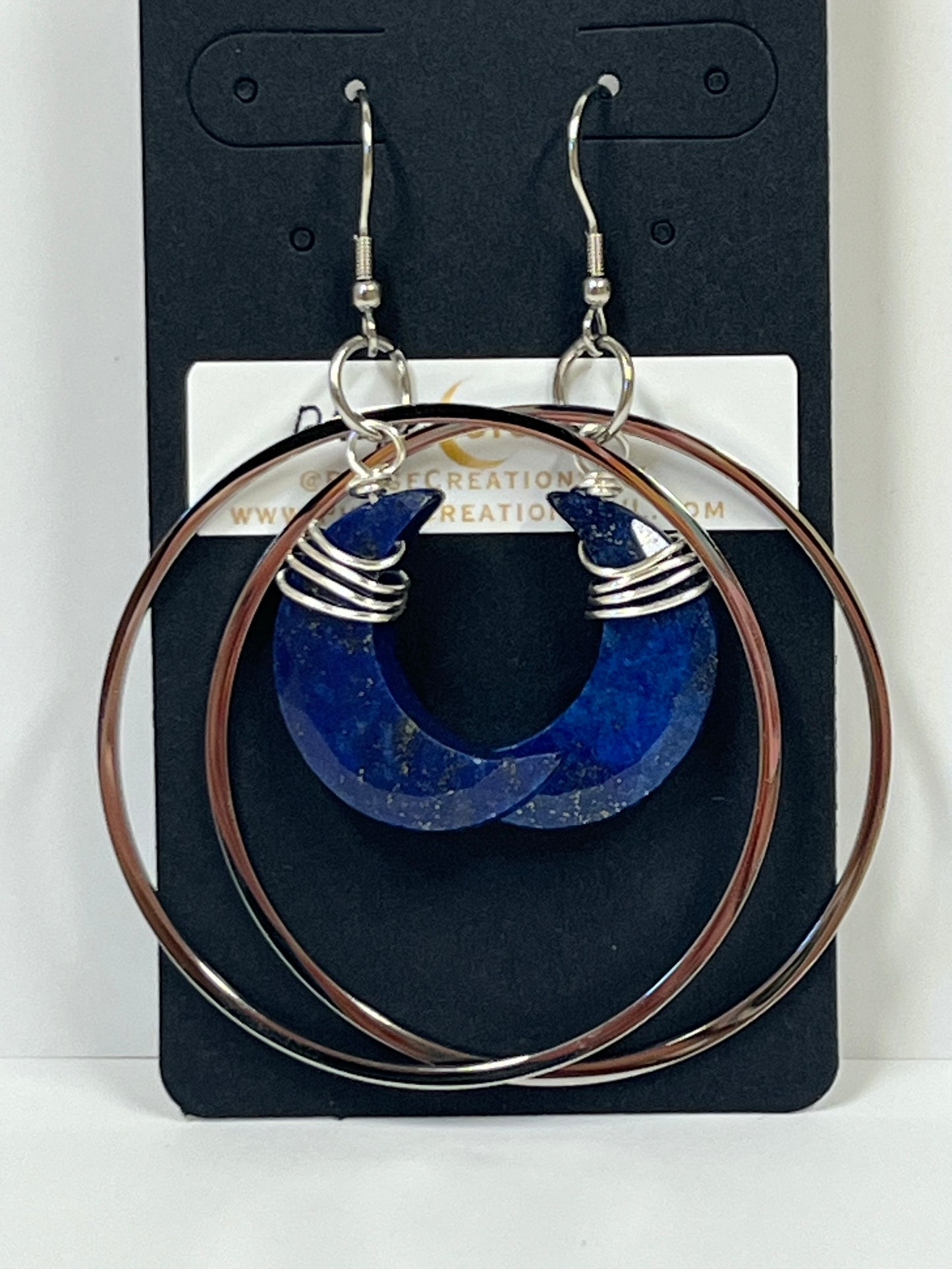 “HANG THE MOON” WIRE-WRAPPED LAPIS LAZULI CRESCENT HOOP-DANGLES (SS) | Gemstone Earrings