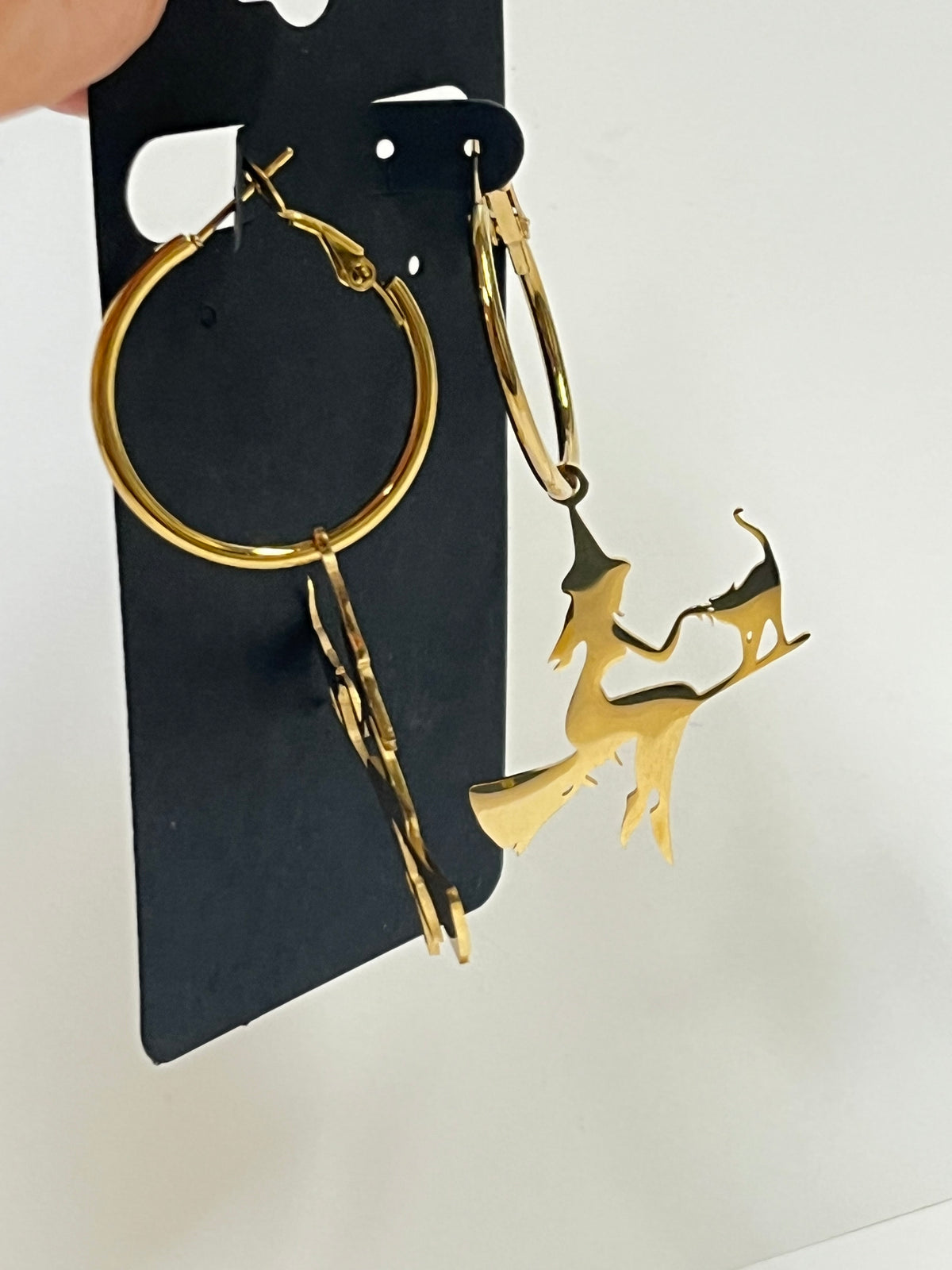 FLYING WITCH + CAT ON BROOMSTICK HOOPS (GPSS) 1” | Earrings