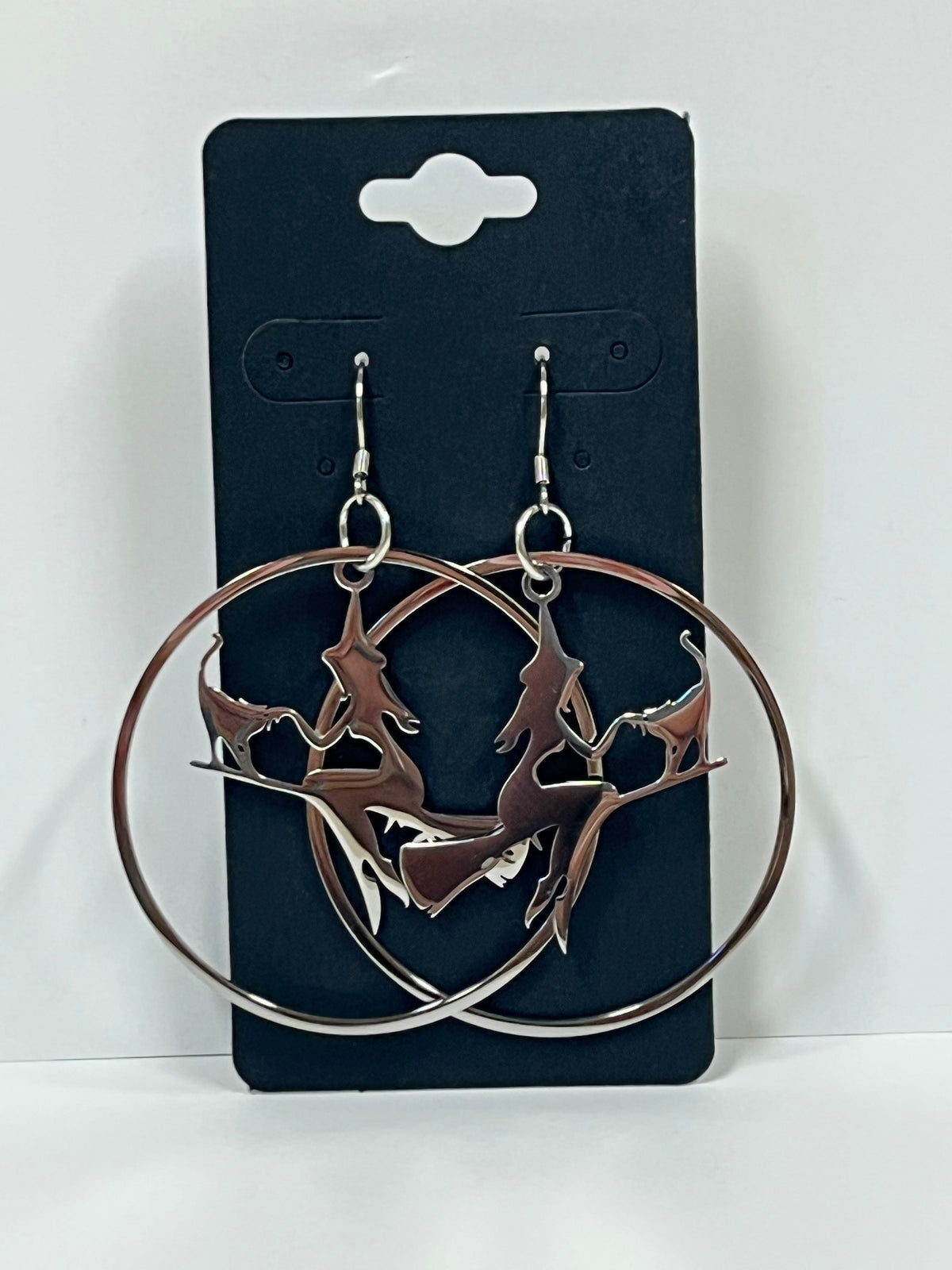 FLYING WITCH + CAT ON BROOMSTICK HOOPS (SS) | Earrings