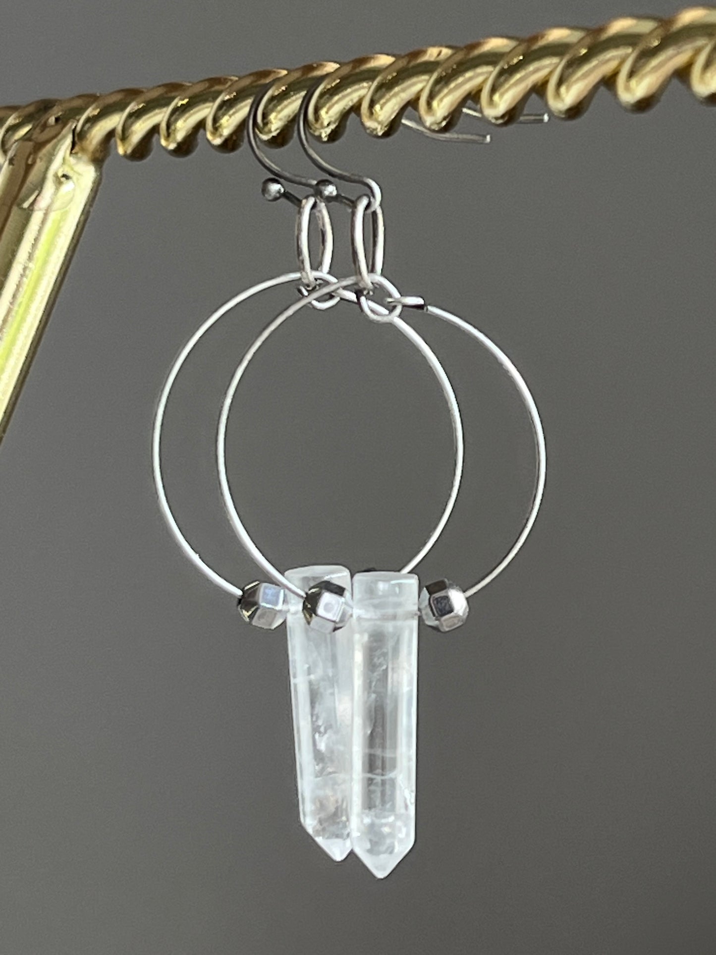CLEAR QUARTZ HEX + SILVER HEMATITE | GEMSTONE CRYSTAL Earrings