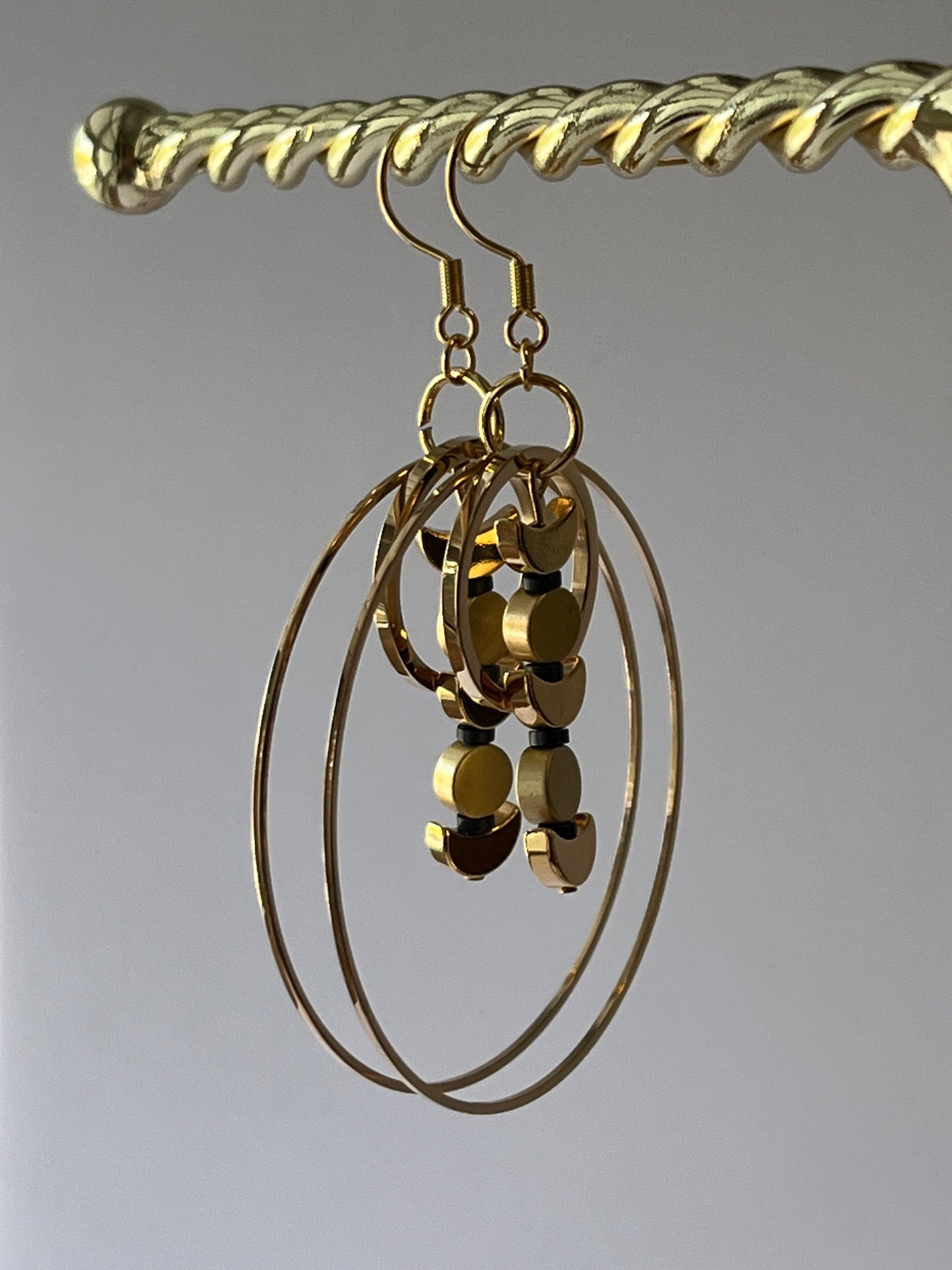 GOLD + BRASS MOON ORBIT HOOP-DANGLES (SS) | Earrings