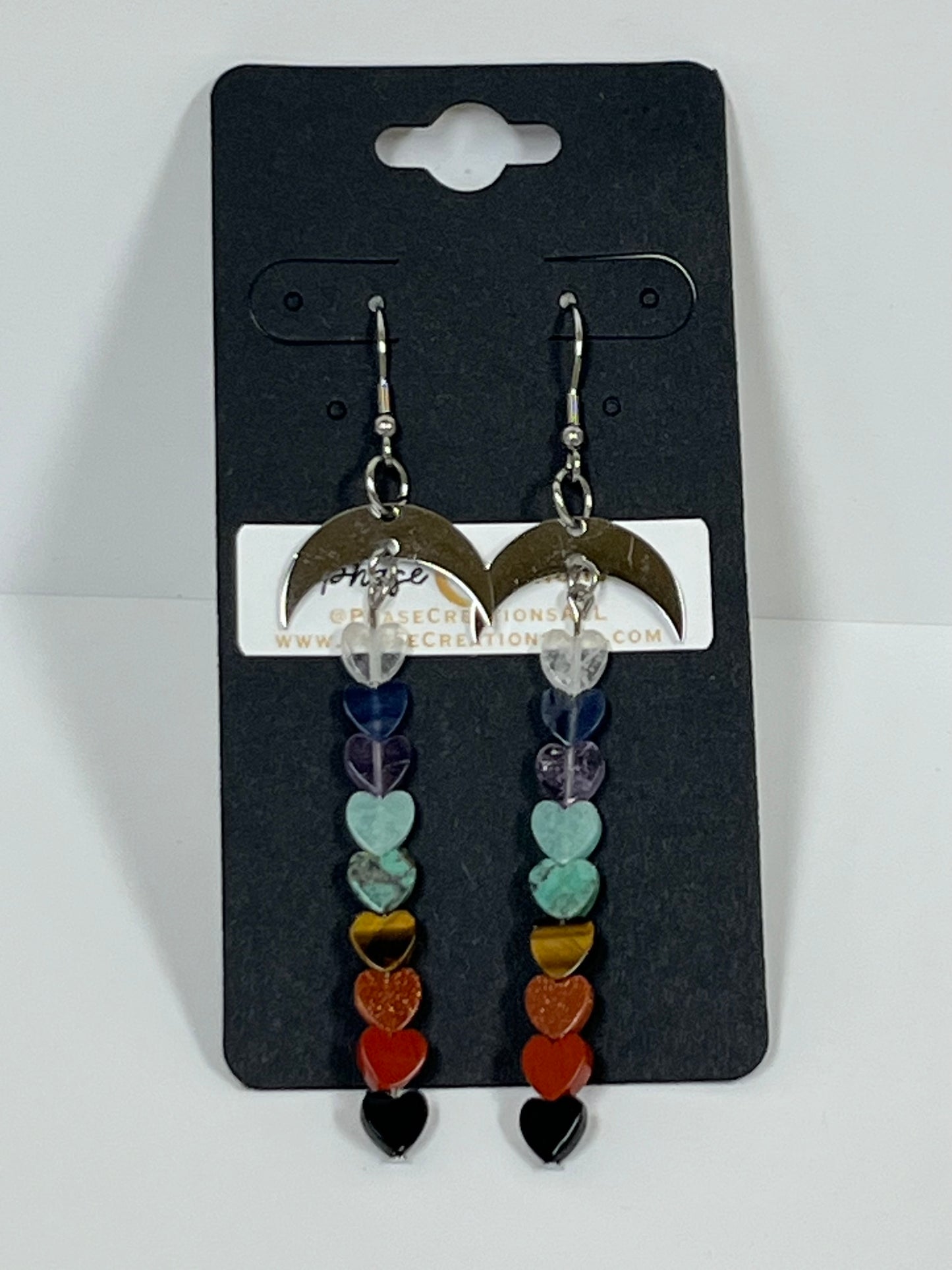 CHAKRA MINI HEART CRESCENT MOON DANGLES (SS) | GEMSTONE CRYSTAL Earrings