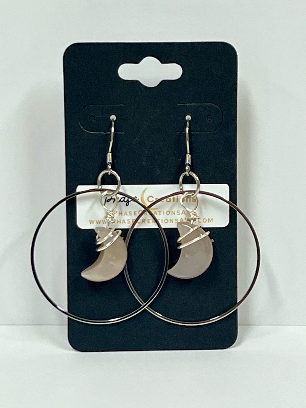 “BABY HANG THE MOON” WIRE-WRAPPED PEACH MOONSTONE CRESCENT HOOP-DANGLES (SS) | Gemstone Earrings