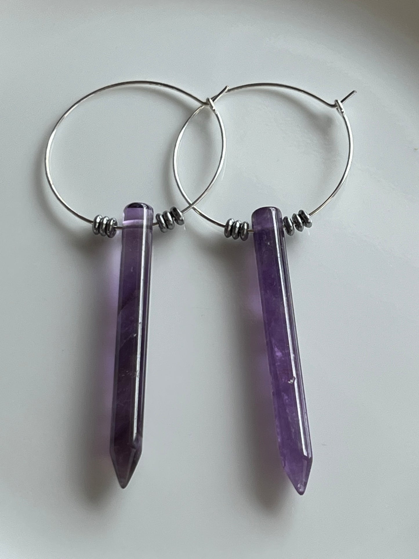 AMETHYST POINT w/ SILVER HEMATITE HOOPS | GEMSTONE CRYSTAL Earrings