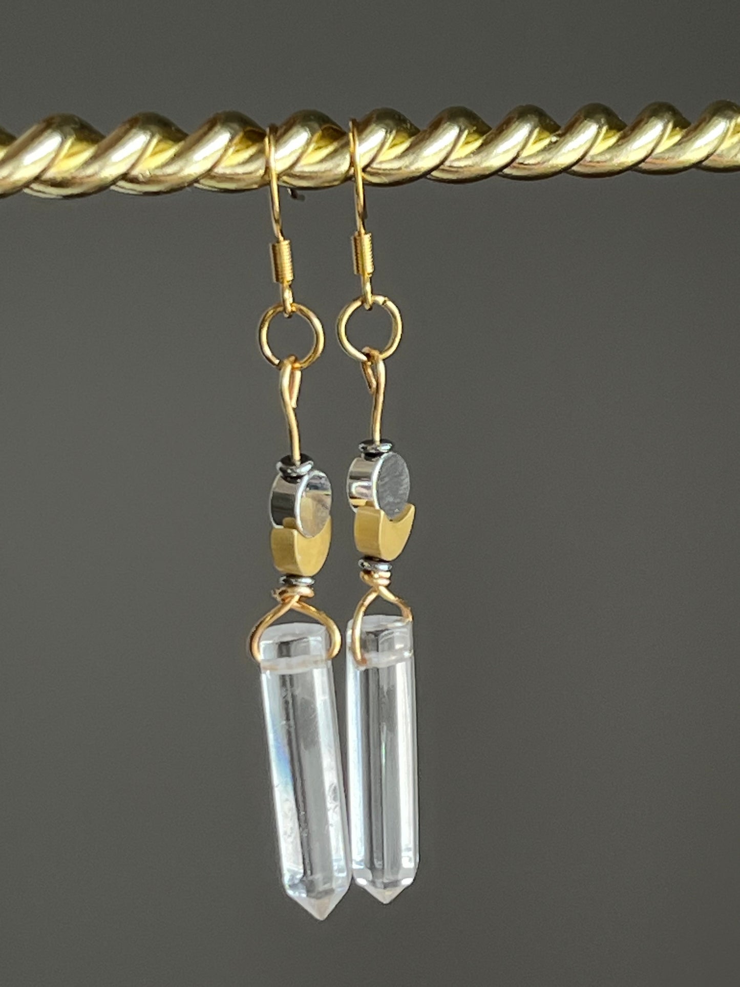 CLEAR QUARTZ HEX w/ MOONS | GEMSTONE CRYSTAL Earrings