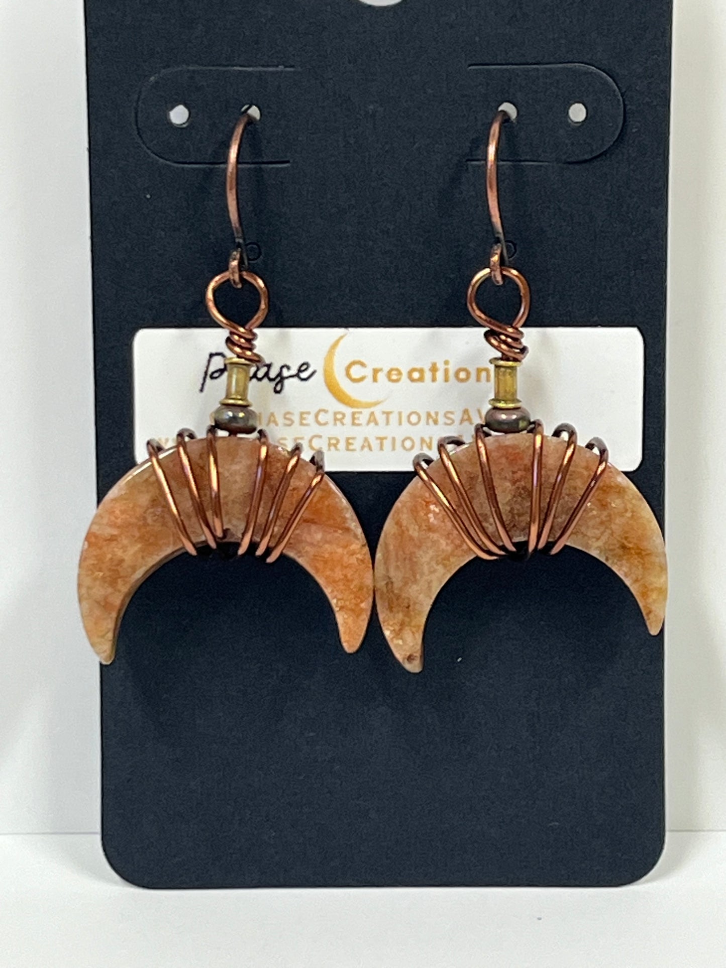 WIRE-WRAPPED PEACH MOONSTONE CRESCENT MOON DANGLES (ACP)| Gemstone Earrings