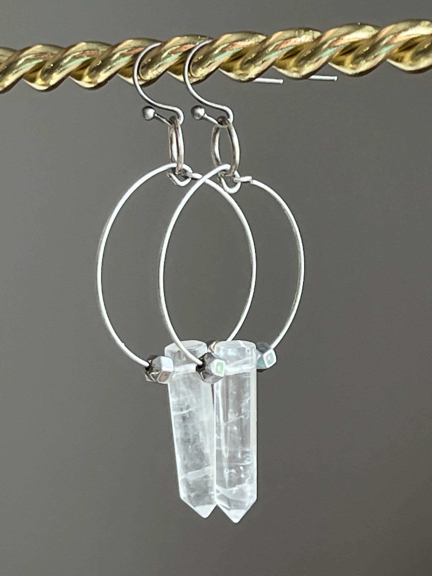 CLEAR QUARTZ HEX + SILVER HEMATITE | GEMSTONE CRYSTAL Earrings