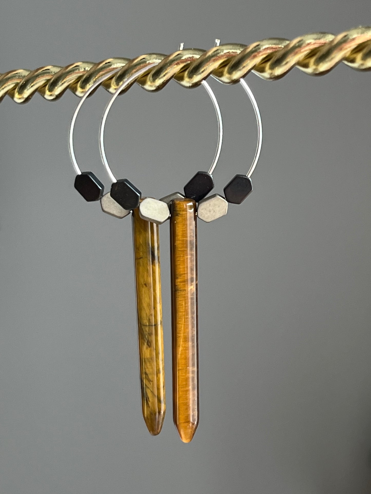 TIGERS EYE POINT + HEMATITE | GEMSTONE CRYSTAL Earrings