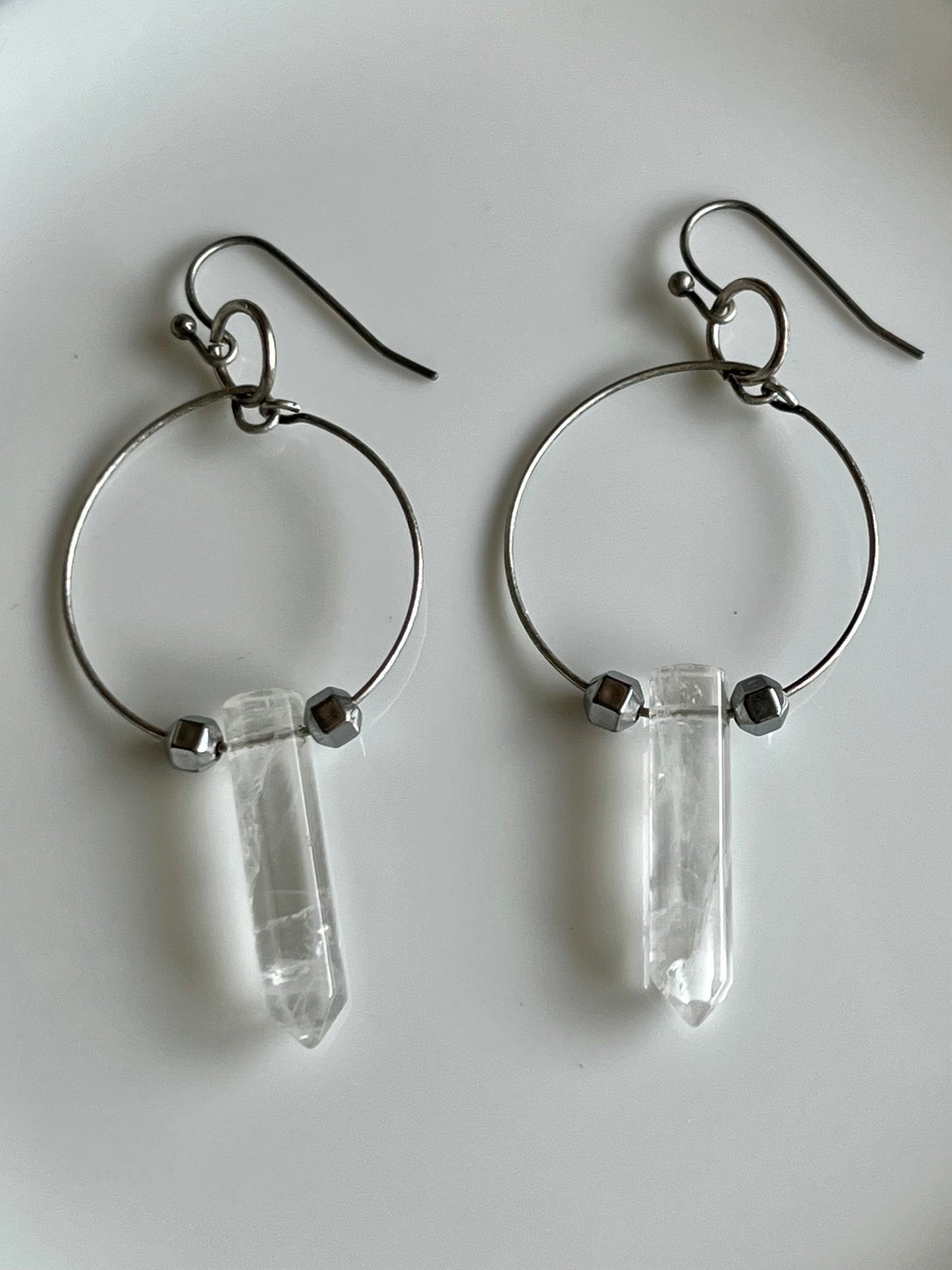 CLEAR QUARTZ HEX + SILVER HEMATITE | GEMSTONE CRYSTAL Earrings