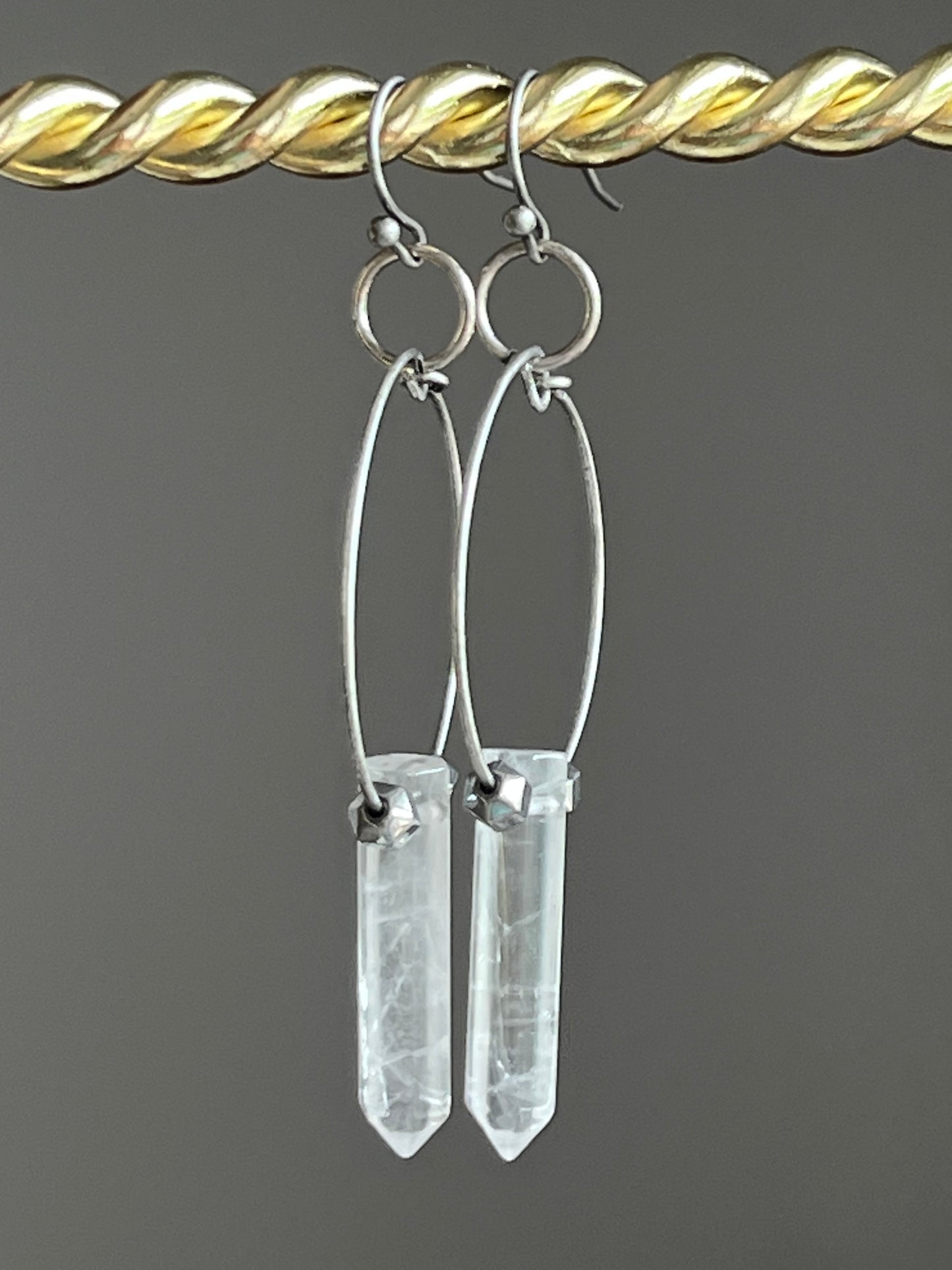 CLEAR QUARTZ HEX + SILVER HEMATITE | GEMSTONE CRYSTAL Earrings
