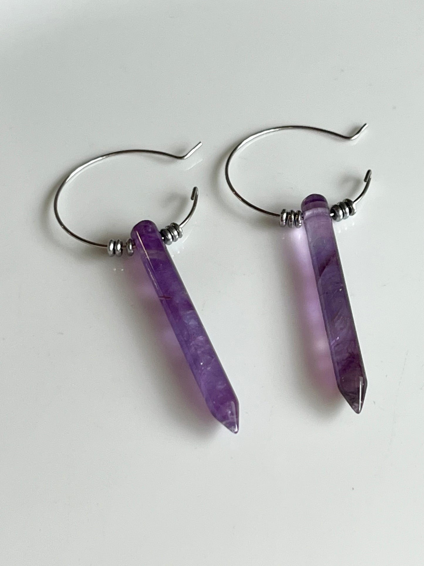 AMETHYST POINT w/ SILVER HEMATITE HOOPS | Gemstone Earrings
