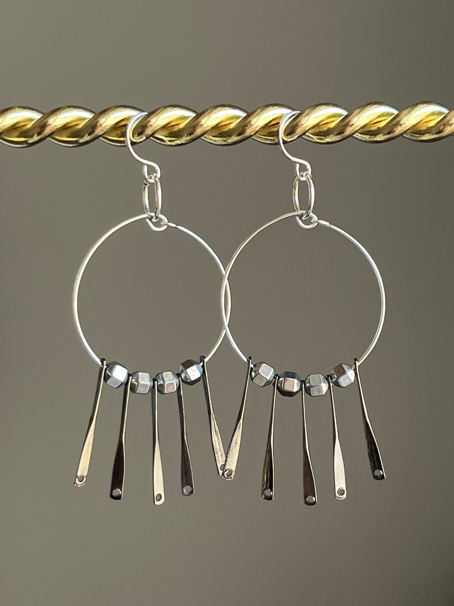 SILVER HEMATITE w/ METAL FLARE HOOP-DANGLE | Earrings