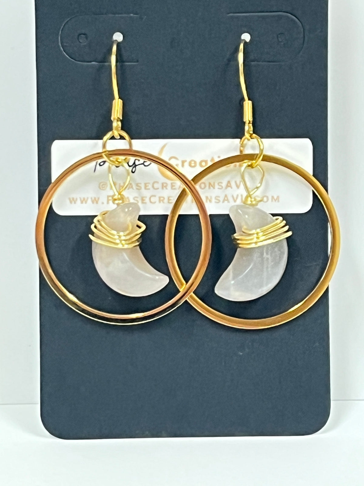 “BABY HANG THE MOON” WIRE-WRAPPED PEACH MOONSTONE CRESCENT HOOP-DANGLES (GPSS) | Gemstone Earrings