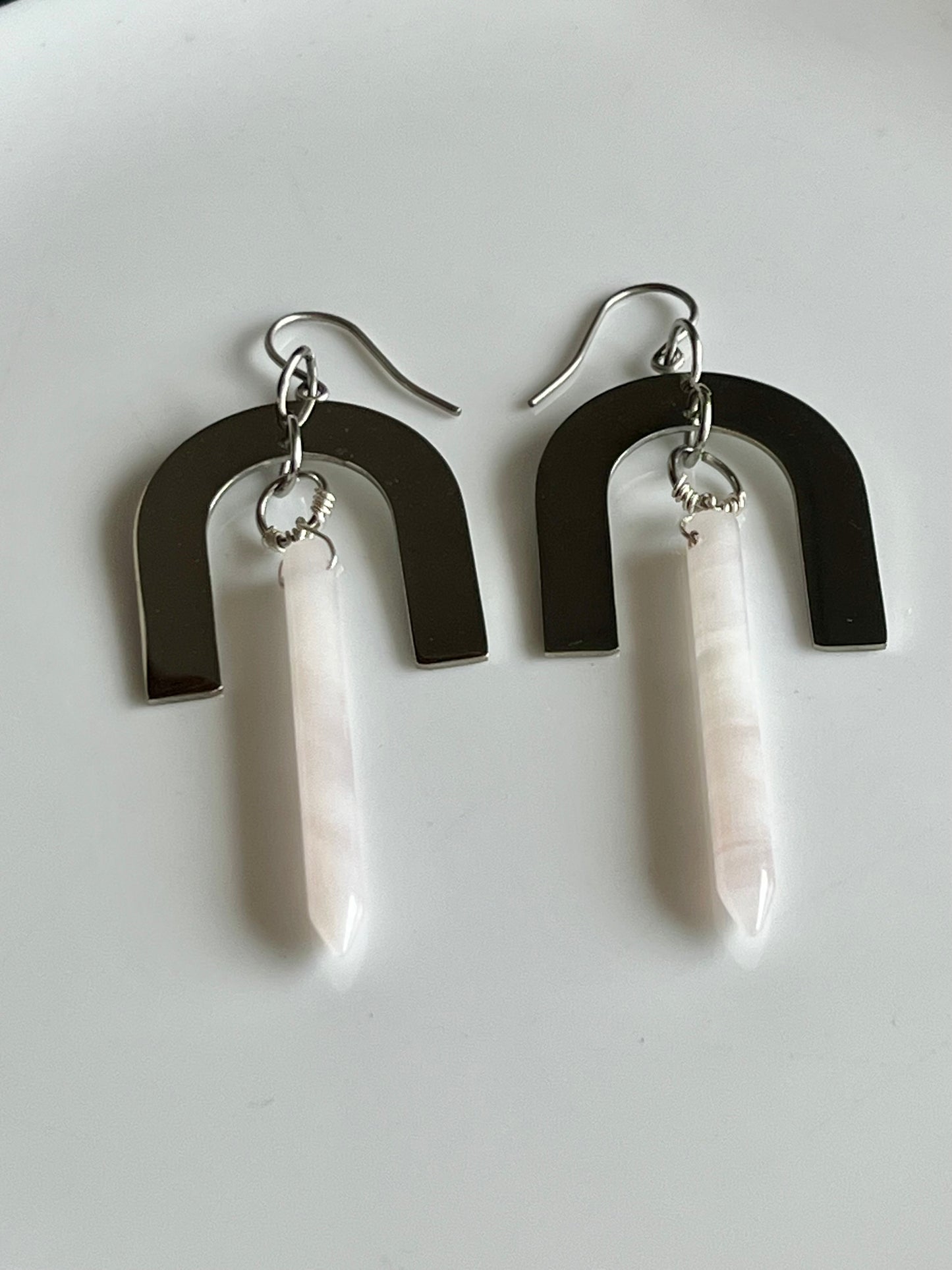 WIRE-WRAPPED LAVENDER QUARTZ + STAINLESS STEEL PITCH-FORK DESIGN | GEMSTONE CRYSTAL EARRINGS