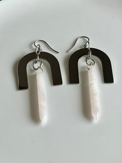 WIRE-WRAPPED LAVENDER QUARTZ + STAINLESS STEEL PITCH-FORK DESIGN | GEMSTONE CRYSTAL EARRINGS