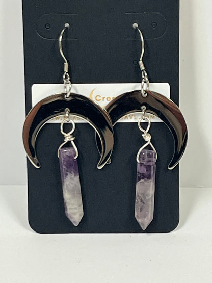 AMETHYST HEX CRESCENT MOON DANGLE| GEMSTONE CRYSTAL Earrings