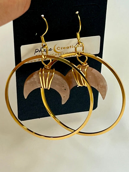 WIRE-WRAPPED PEACH MOONSTONE CRESCENT MOON HOOP-DANGLES (GPSS | Gemstone Earrings