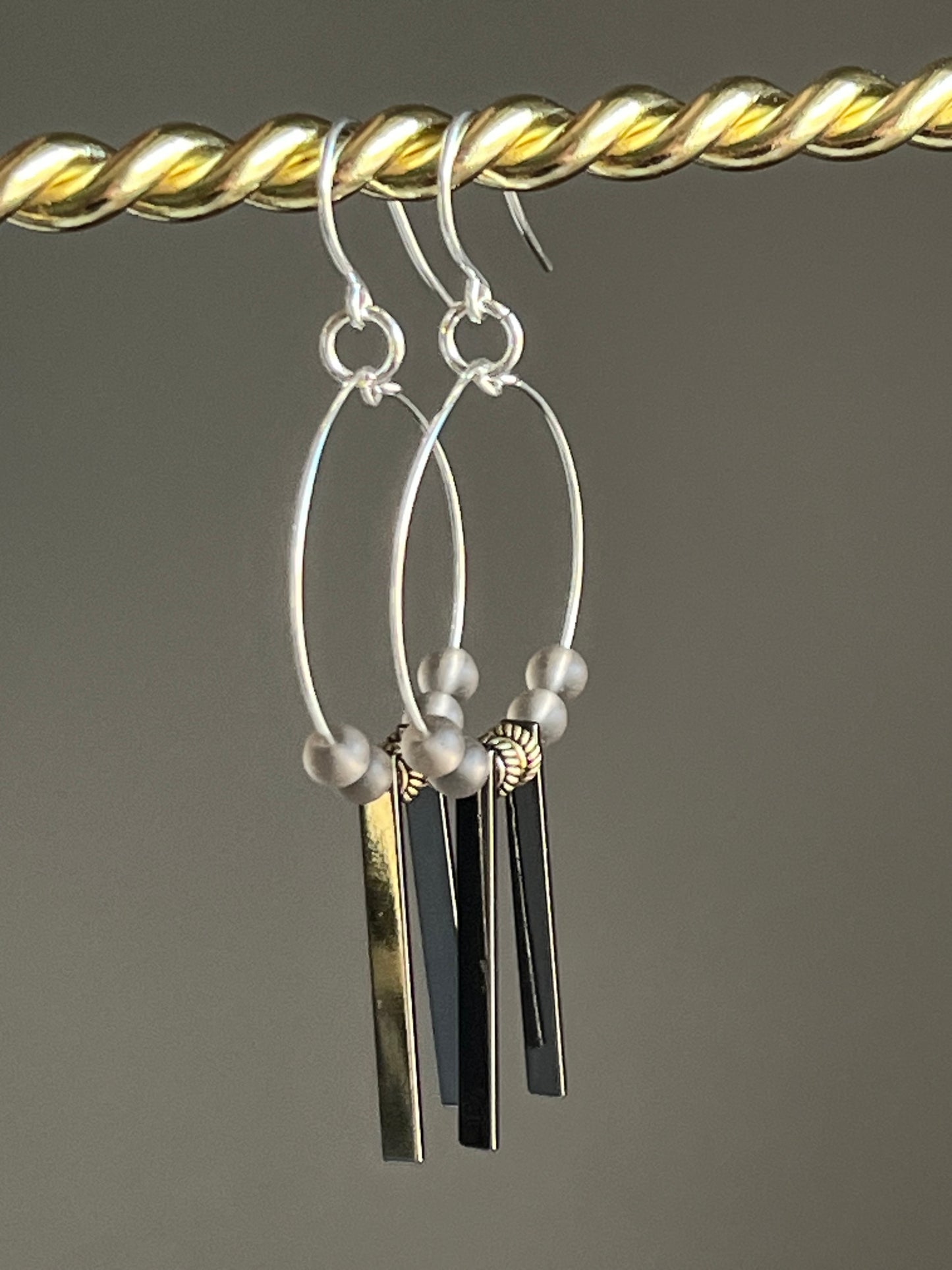 SMOKEY SEA GLASS w/ METAL RECTANGLES | GEMSTONE CRYSTAL EarringsE