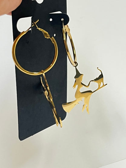 FLYING WITCH + CAT ON BROOMSTICK HOOPS (GPSS) 1” | Earrings