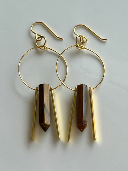 TIGER’S EYE HEX w/ GP RECTANGLES + BEADS | GEMSTONE CRYSTAL Earrings