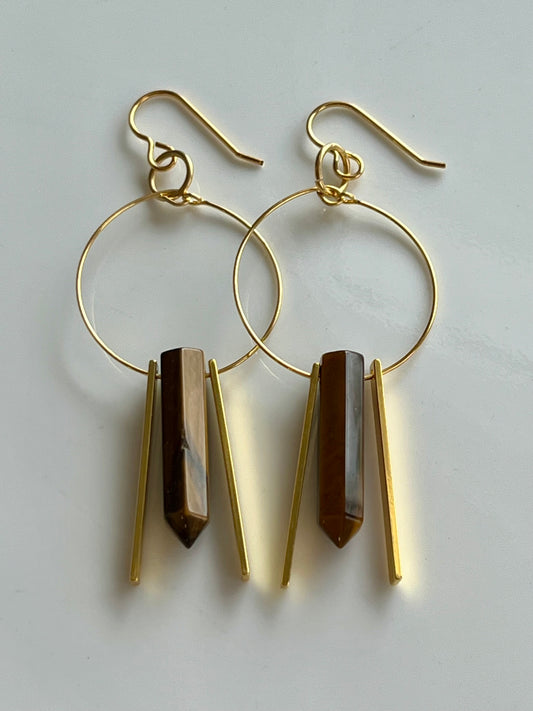 TIGER’S EYE HEX w/ GP RECTANGLES + BEADS | GEMSTONE CRYSTAL Earrings