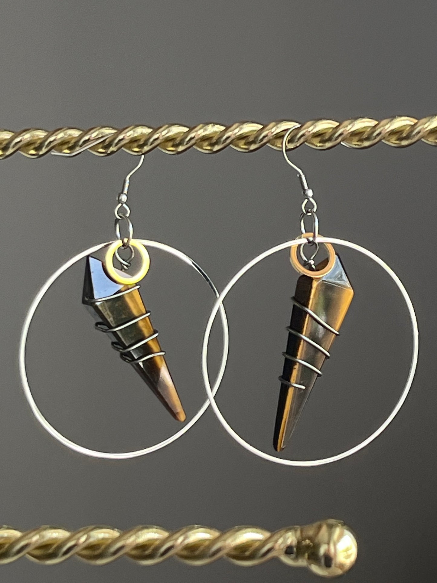 WIRE-WRAPPED TIGER’S EYE KITE MODERN HOOP-DANGLES| GEMSTONE CRYSTAL Earrings