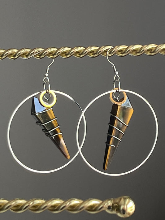 WIRE-WRAPPED TIGER’S EYE KITE MODERN HOOP-DANGLES| GEMSTONE CRYSTAL Earrings