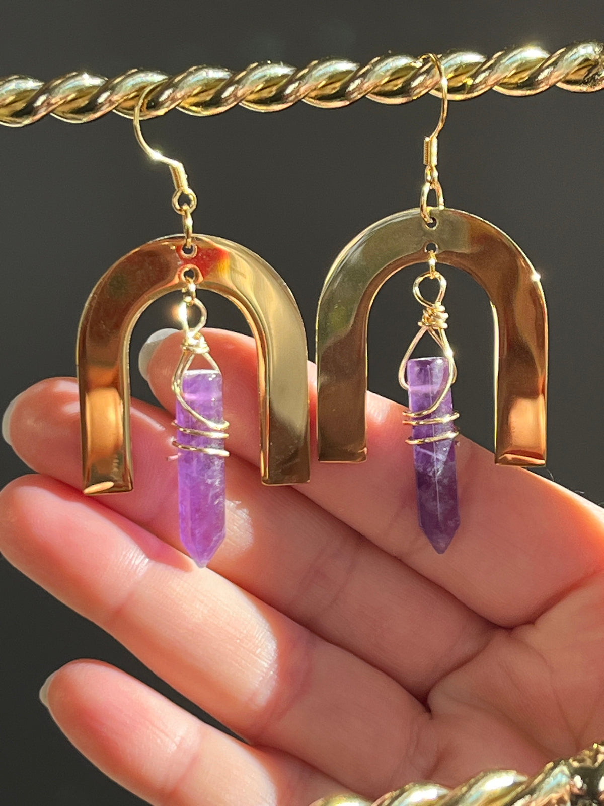 WIRE-WRAPPED AMETHYST HEX U DANGLES (GPSS) | Gemstone Earrings