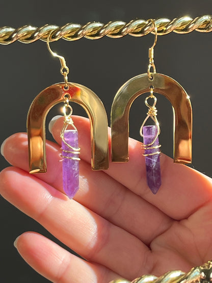 WIRE-WRAPPED AMETHYST HEX U DANGLES (GPSS) | Gemstone Earrings