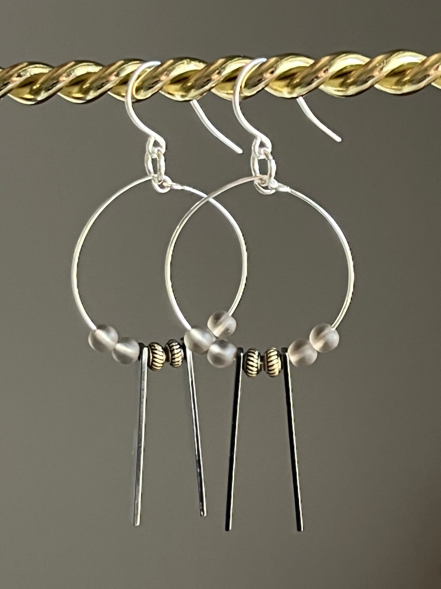 SMOKEY SEA GLASS w/ METAL RECTANGLES | GEMSTONE CRYSTAL EarringsE