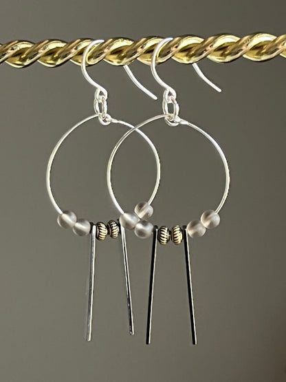 SMOKEY SEA GLASS w/ METAL RECTANGLES | GEMSTONE CRYSTAL EarringsE