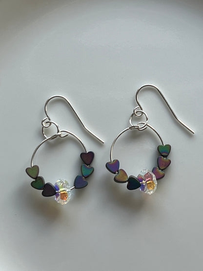 RAINBOW HEMATITE HEARTS w/ SWAROVSKI CRYSTALS |  GEMSTONE CRYSTAL Earrings