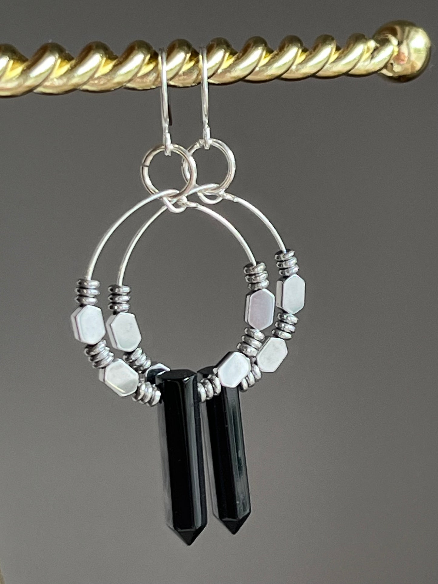 ONYZ HEX + HEMATITE HOOP-DANGLE | GEMSTONE CRYSTAL Earrings