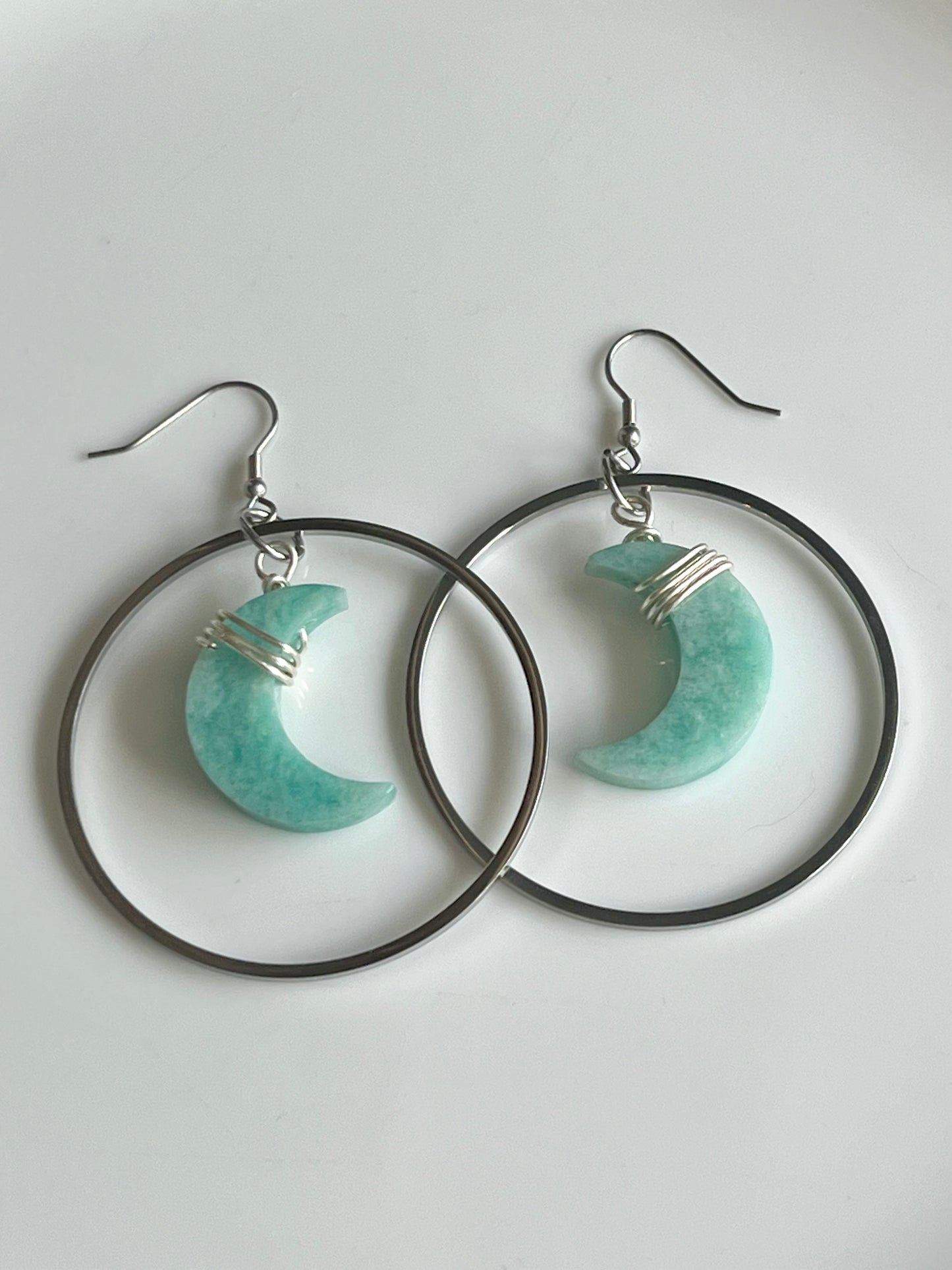 “HANG THE MOON” : AMAZONITE WIRE-WRAPPED CRESCENT MOON HOOP-DANGLES | GEMSTONE CRYSTAL Earrings