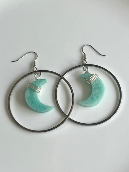 “HANG THE MOON” : AMAZONITE WIRE-WRAPPED CRESCENT MOON HOOP-DANGLES | GEMSTONE CRYSTAL Earrings
