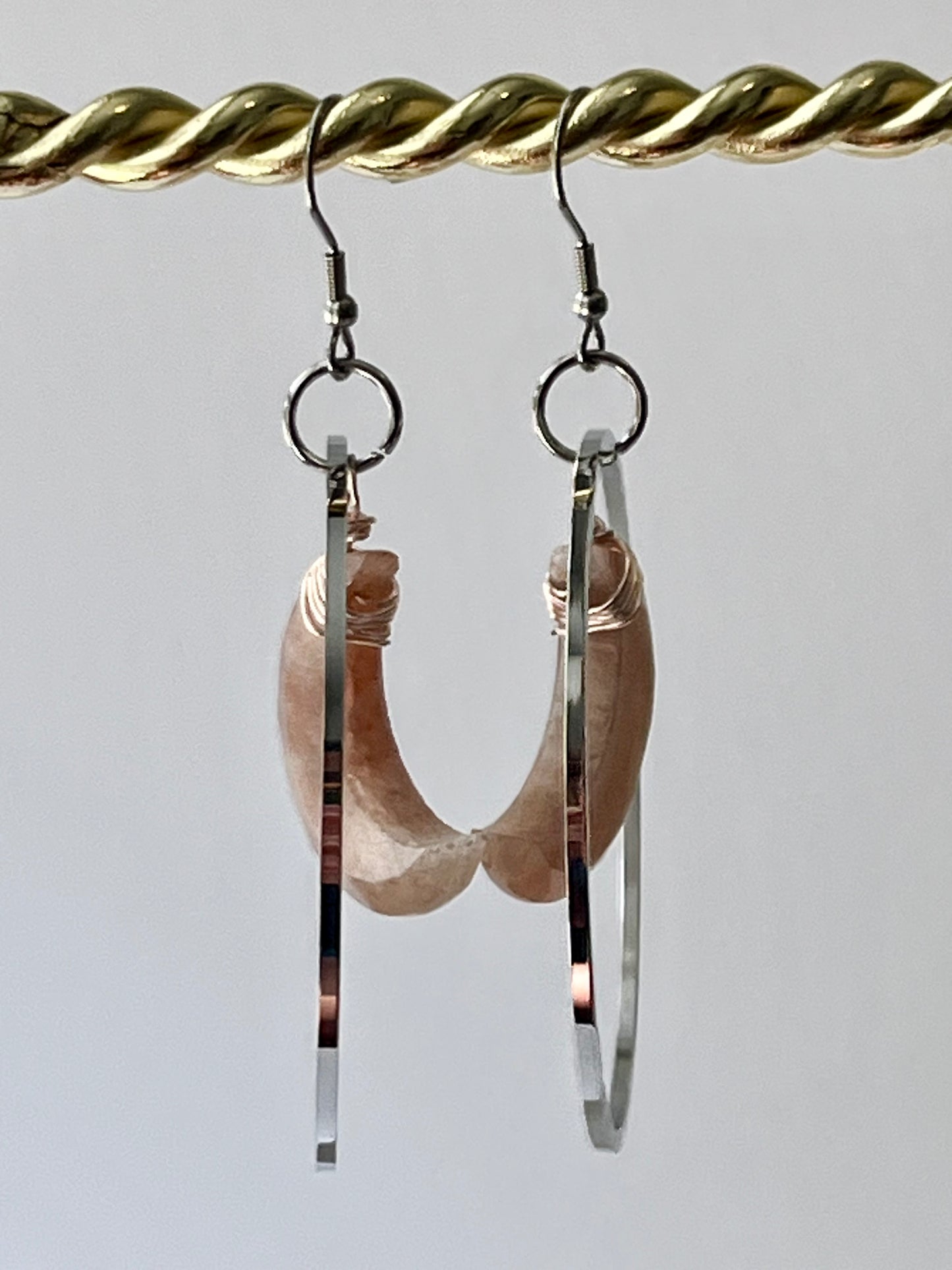 “HANG THE MOON” : PEACH MOONSTONE WIRE-WRAPPED CRESCENT MOON HOOP-DANGLES | GEMSTONE CRYSTAL Earrings