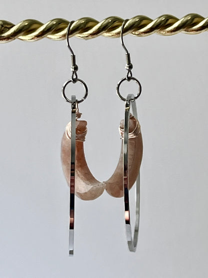 “HANG THE MOON” : PEACH MOONSTONE WIRE-WRAPPED CRESCENT MOON HOOP-DANGLES | GEMSTONE CRYSTAL Earrings