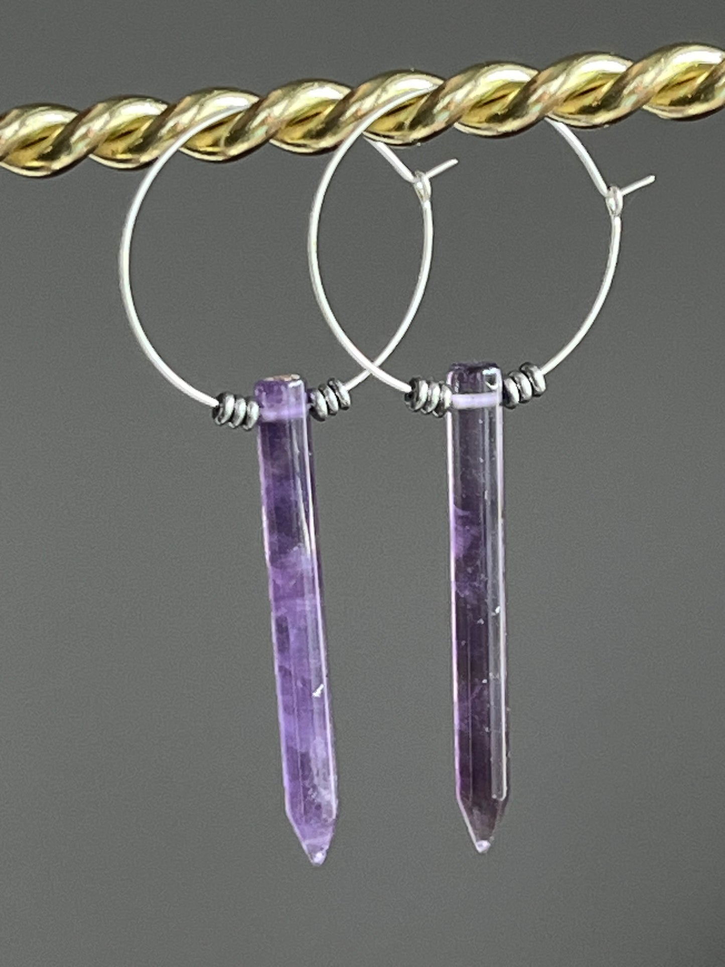 AMETHYST POINT w/ SILVER HEMATITE HOOPS | GEMSTONE CRYSTAL Earrings