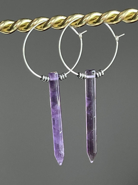AMETHYST POINT w/ SILVER HEMATITE HOOPS | GEMSTONE CRYSTAL Earrings