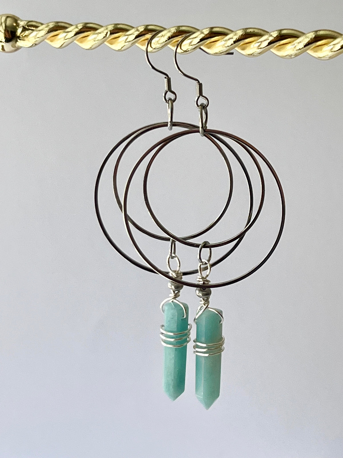 WIRE-WRAPPED AMAZONITE DOUBLE HOOP-DANGLES| Gemstone Earrings