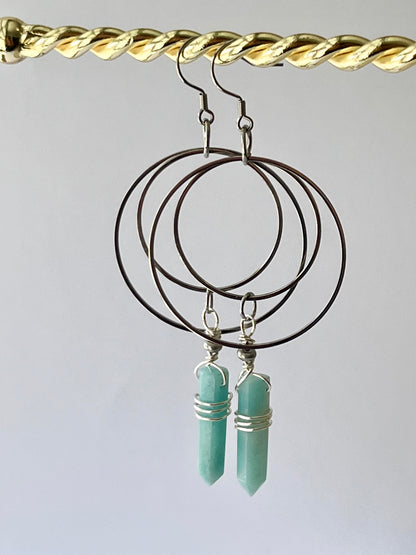 WIRE-WRAPPED AMAZONITE DOUBLE HOOP-DANGLES| Gemstone Earrings