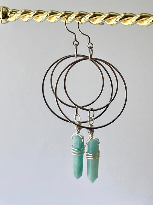 WIRE-WRAPPED AMAZONITE DOUBLE HOOP-DANGLES| Gemstone Earrings