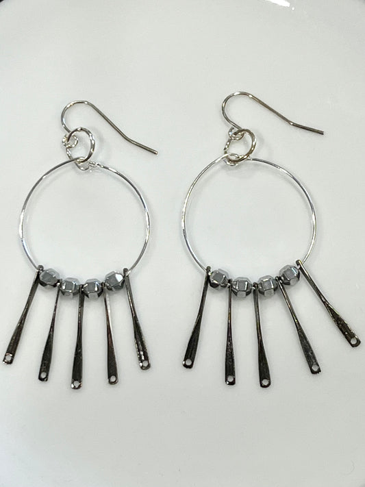 SILVER HEMATITE w/ METAL FLARE HOOP-DANGLE | Earrings