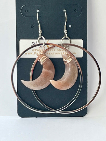 “HANG THE MOON” : PEACH MOONSTONE WIRE-WRAPPED CRESCENT MOON HOOP-DANGLES | GEMSTONE CRYSTAL Earrings