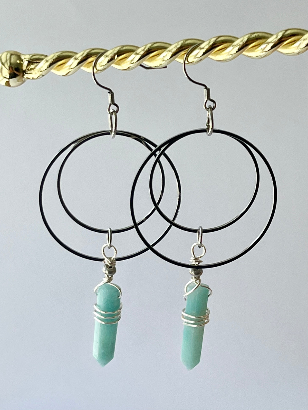 WIRE-WRAPPED AMAZONITE DOUBLE HOOP-DANGLES| Gemstone Earrings