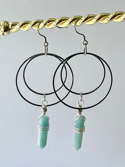 WIRE-WRAPPED AMAZONITE DOUBLE HOOP-DANGLES| Gemstone Earrings