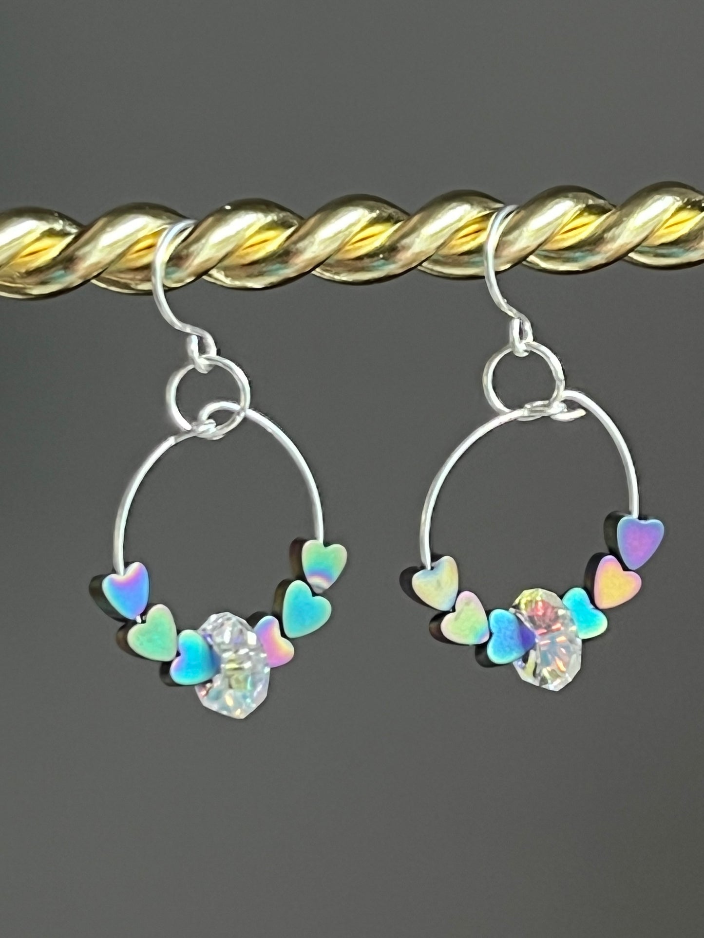 RAINBOW HEMATITE HEARTS w/ SWAROVSKI CRYSTALS |  GEMSTONE CRYSTAL Earrings
