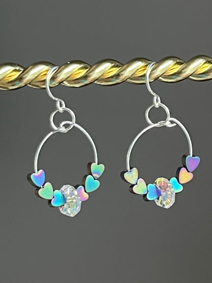 RAINBOW HEMATITE HEARTS w/ SWAROVSKI CRYSTALS |  GEMSTONE CRYSTAL Earrings
