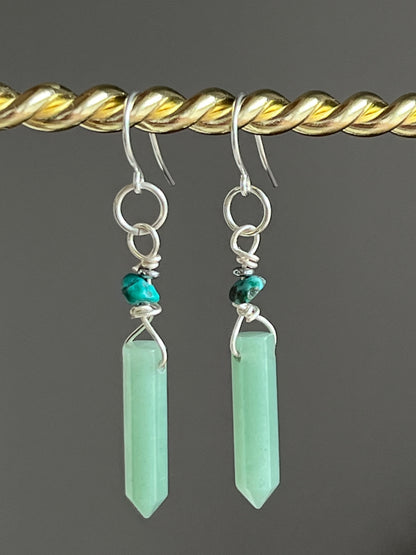 GREEN AVENTURINE HEX w/ TURQUOISE DANGLE | GEMSTONE CRYSTAL Earrings